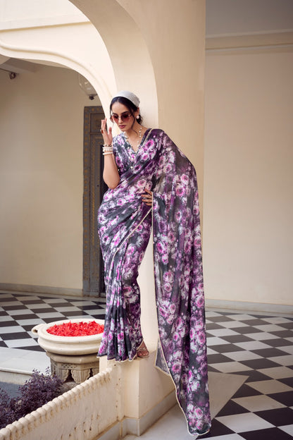 Elegant Floral Organza Saree with Pearl Border Detailing