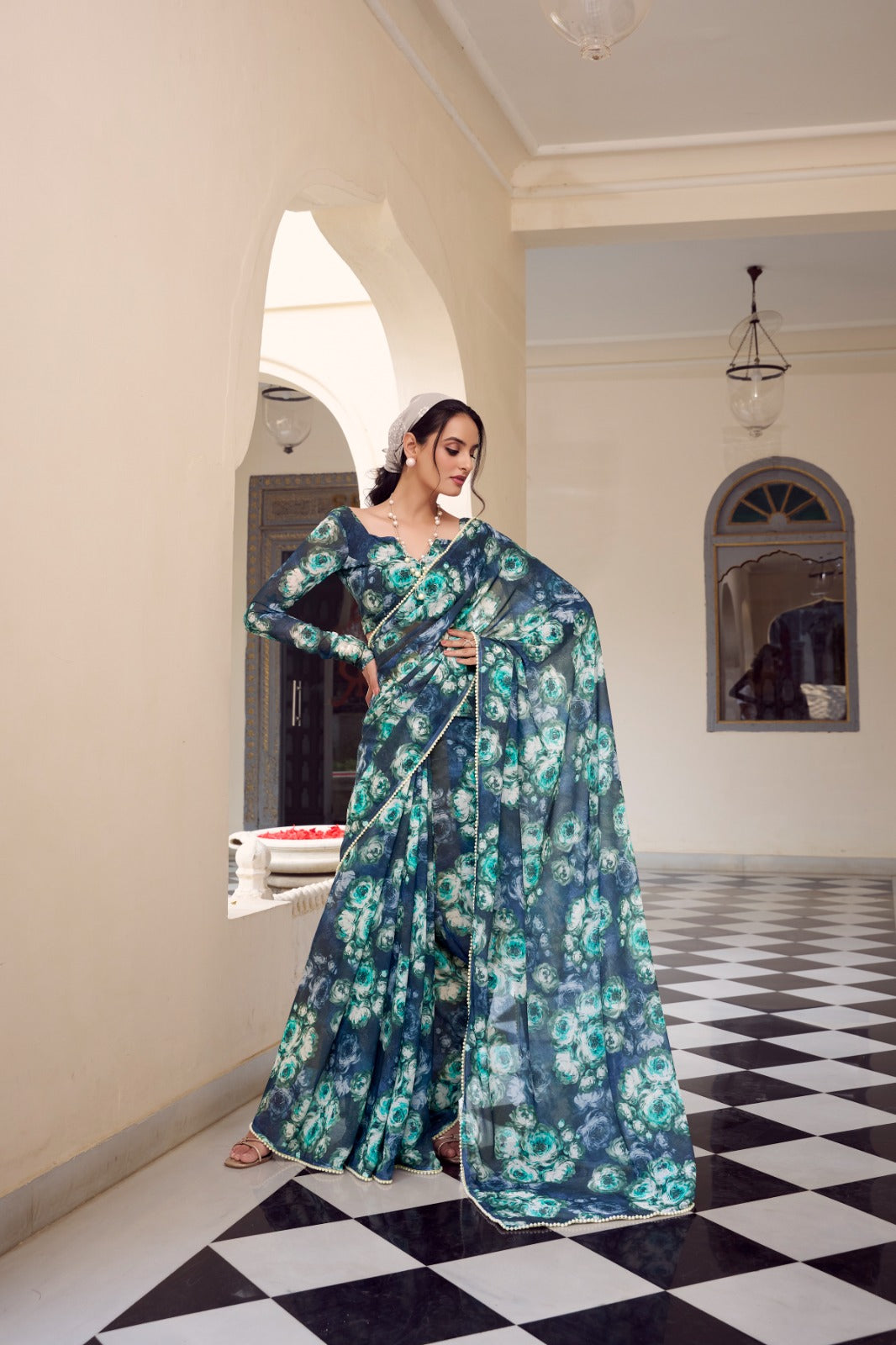 Elegant Floral Organza Saree with Pearl Border Detailing