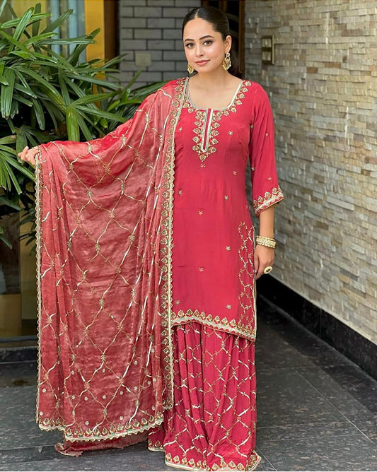 Elegant Fox Georgette Embroidered Top-Sarara Set