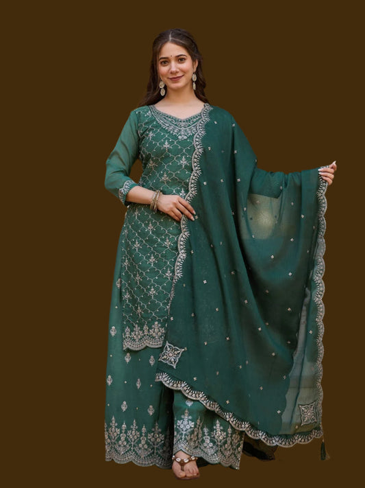 Elegant Green Embroidered Sharara Suit with Dupatta Set