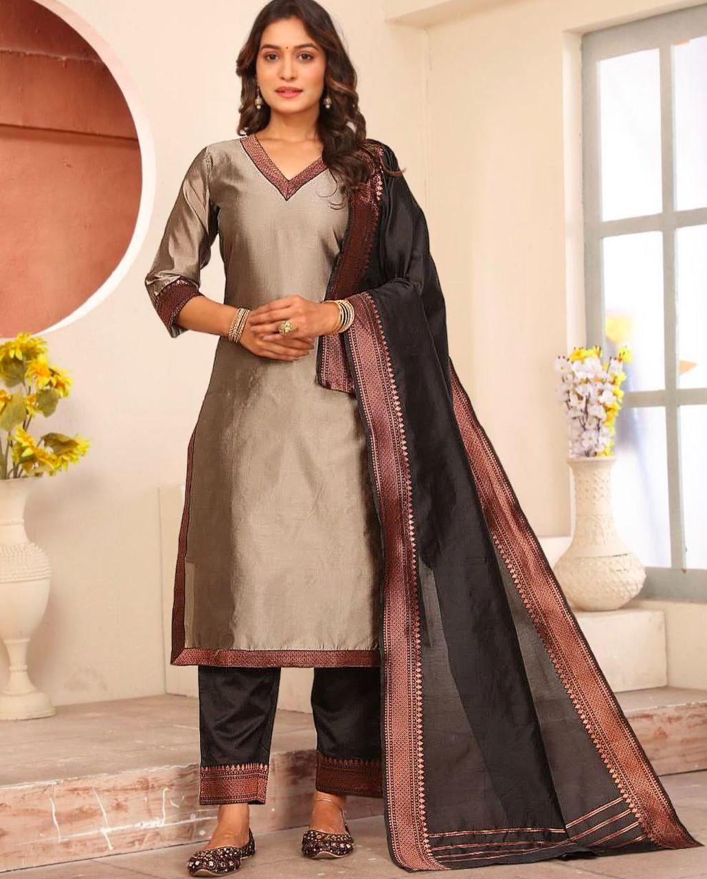 Elegant Lichi Silk Suit Set with Dupatta for Occasions
