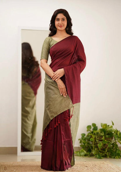 Elegant Mal Cotton Saree with Contrast Blouse & Pallu