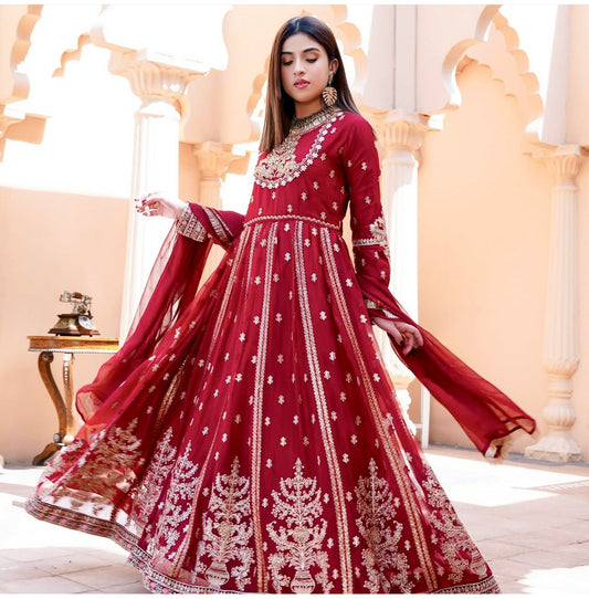 Elegant Maroon Embroidered Anarkali for Festive Occasions

