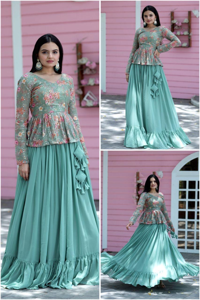 Elegant Mint Green Peplum Top with Flared Skirt Set for Women
