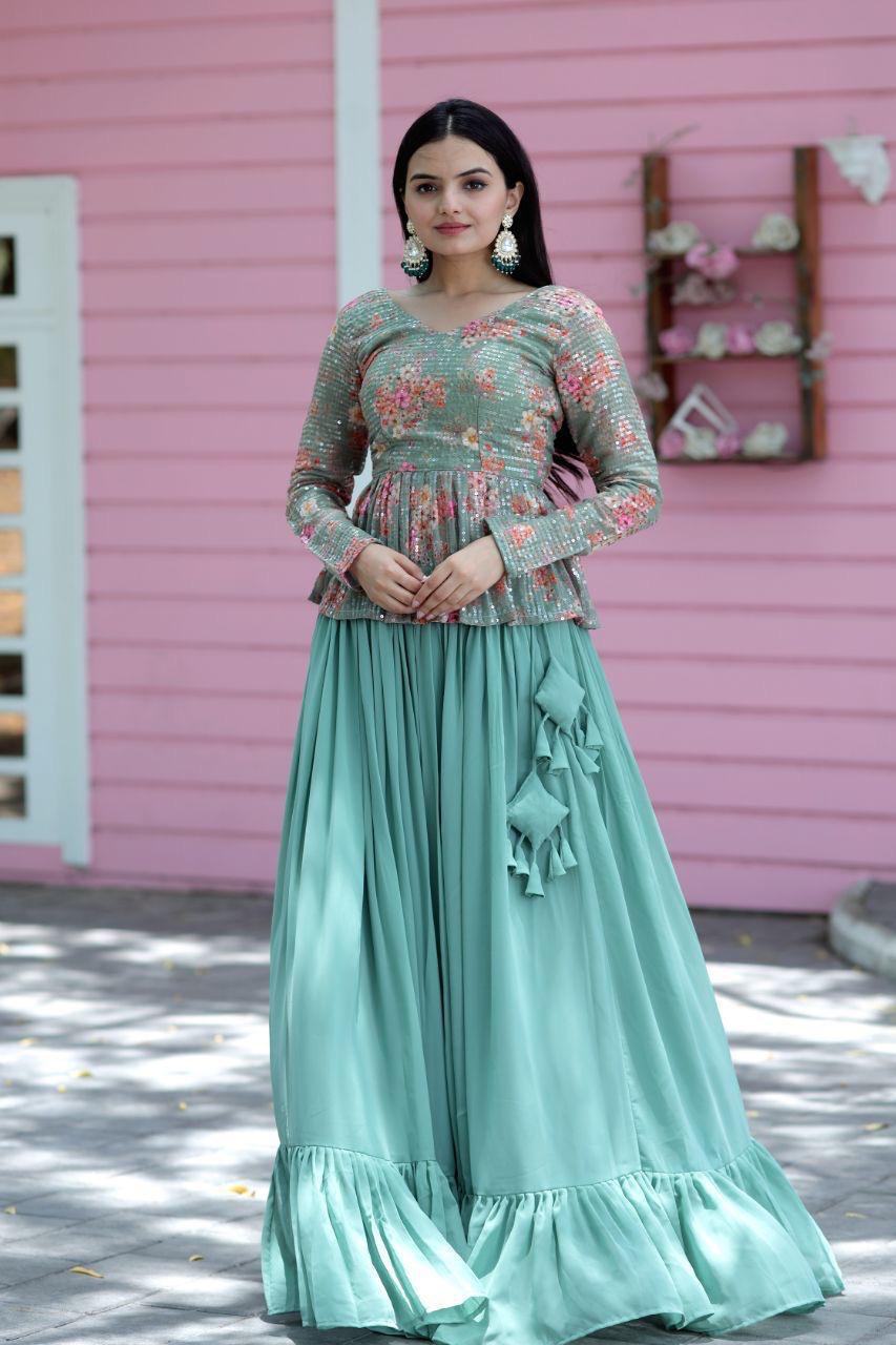Elegant Mint Green Peplum Top with Flared Skirt Set for Women
