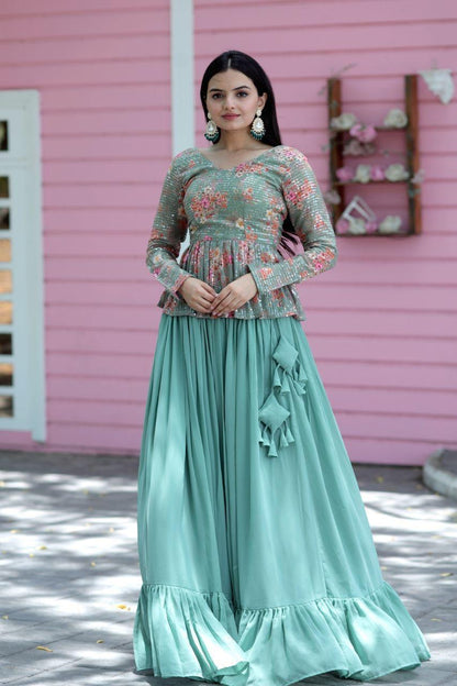 Elegant Mint Green Peplum Top with Flared Skirt Set for Women