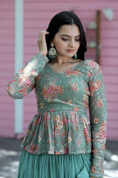 Elegant Mint Green Peplum Top with Flared Skirt Set for Women