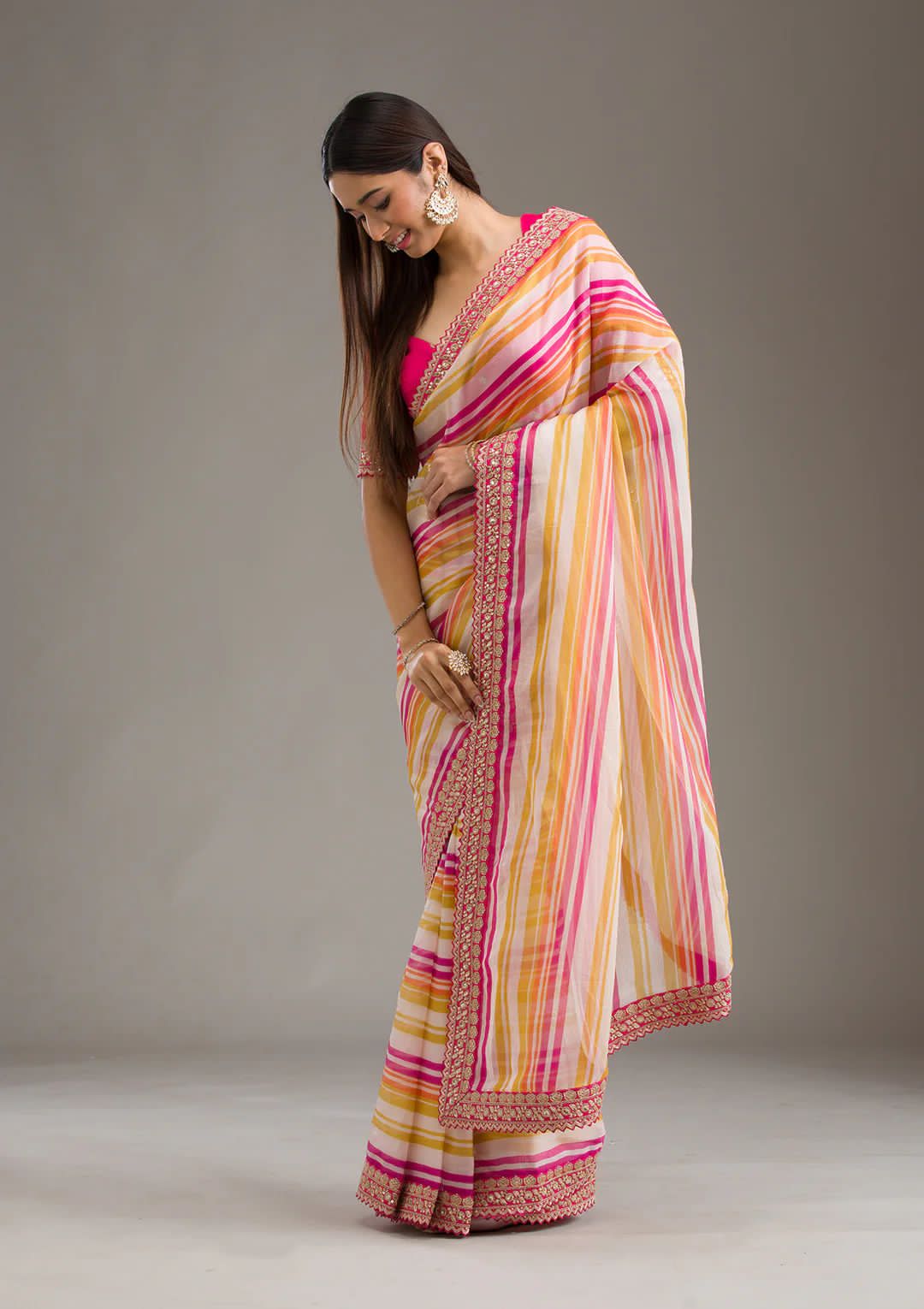 Elegant Multi-Stripes Saree in Soft Organza with Embroidered Border & Blouse