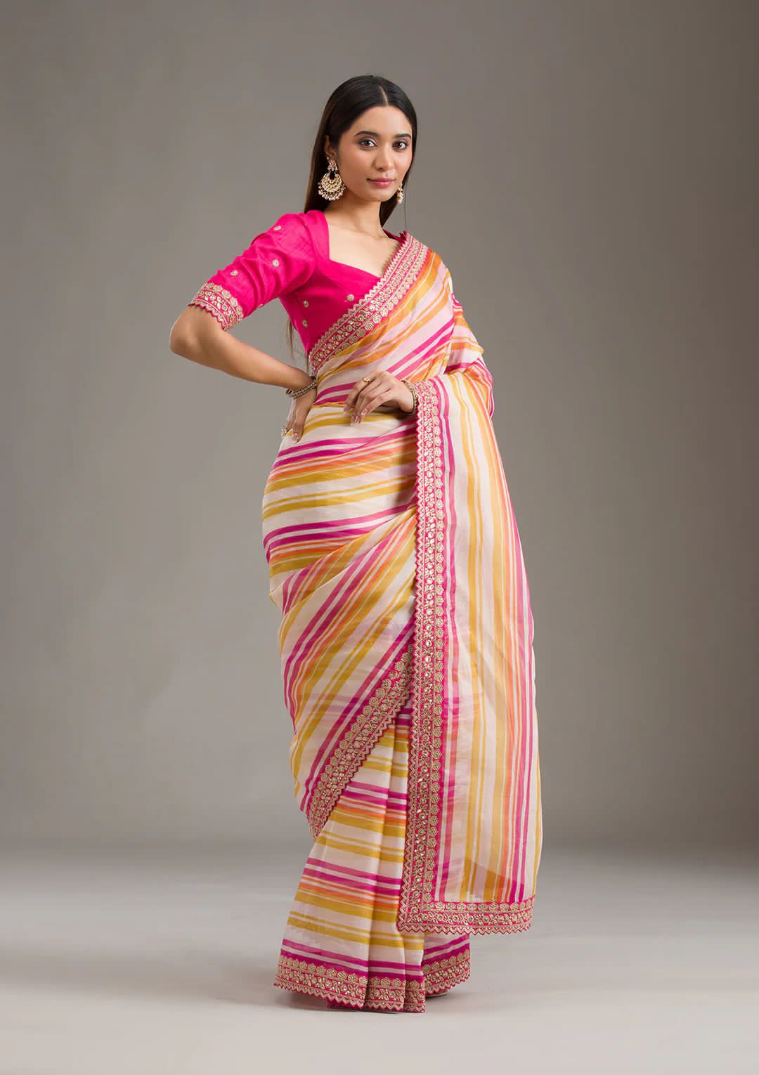 Elegant Multi-Stripes Saree in Soft Organza with Embroidered Border & Blouse
