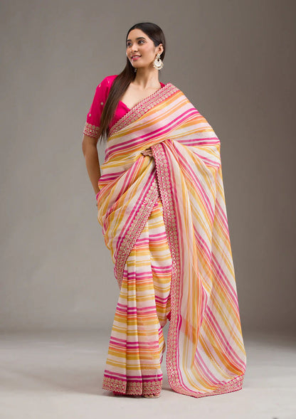 Elegant Multi-Stripes Saree in Soft Organza with Embroidered Border & Blouse