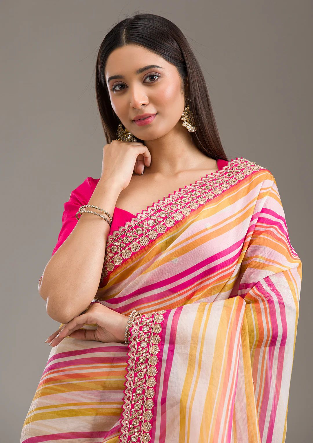 Elegant Multi-Stripes Saree in Soft Organza with Embroidered Border & Blouse