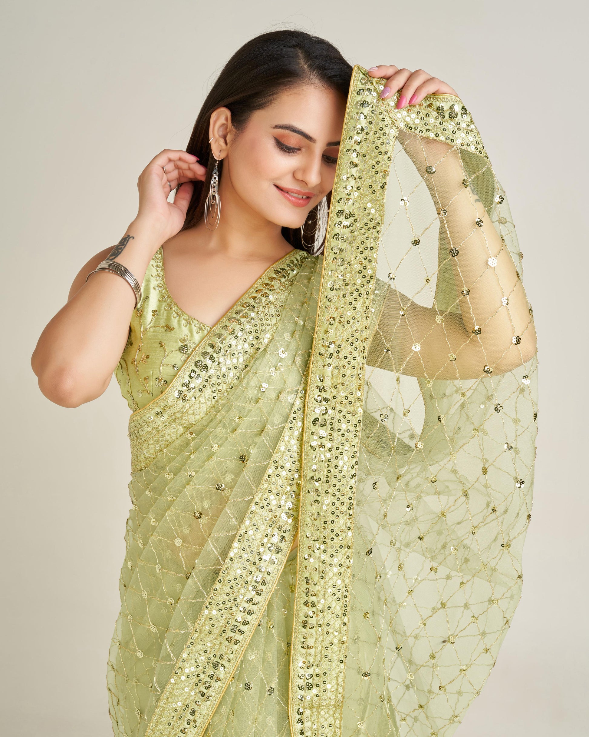 Elegant Net Saree with Sequins & Dori Work and Banglori Silk Blouse