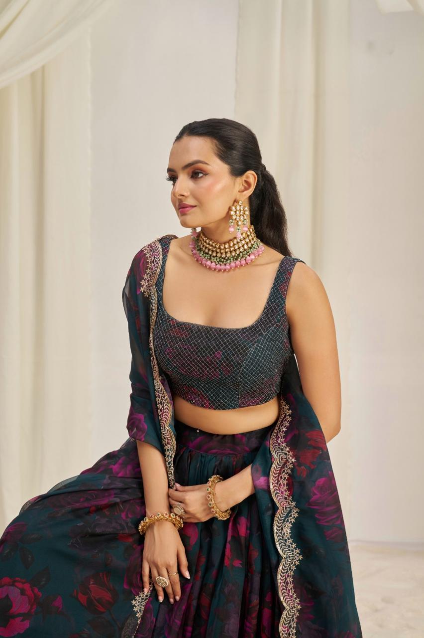 Elegant Organza Lehenga Set with Floral Prints & Zari Work