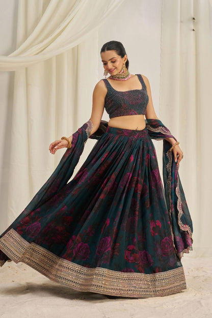 Elegant Organza Lehenga Set with Floral Prints & Zari Work