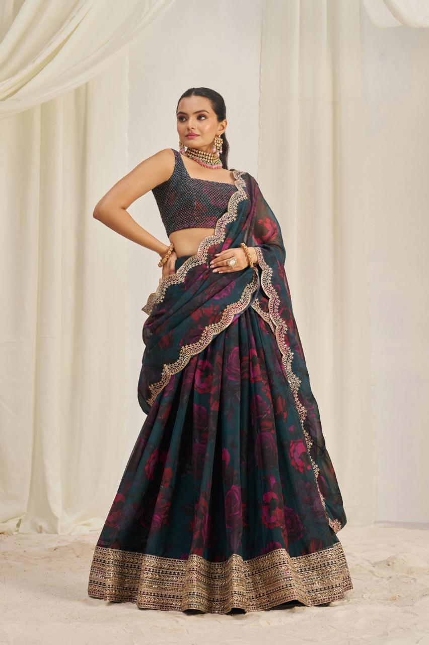 Elegant Organza Lehenga Set with Floral Prints & Zari Work