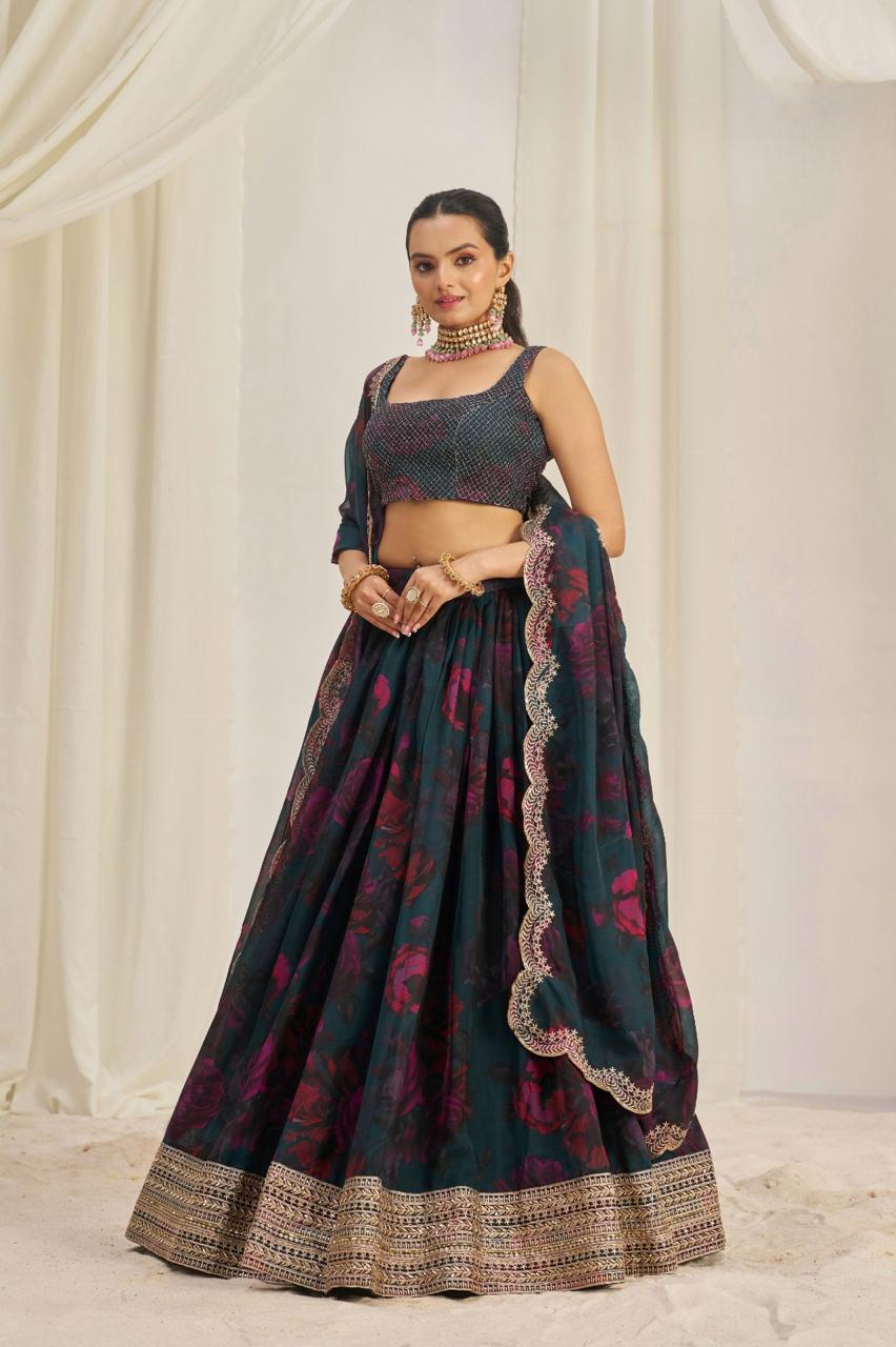Elegant Organza Lehenga Set with Floral Prints & Zari Work