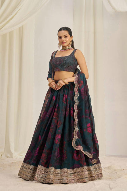 Elegant Organza Lehenga Set with Floral Prints & Zari Work