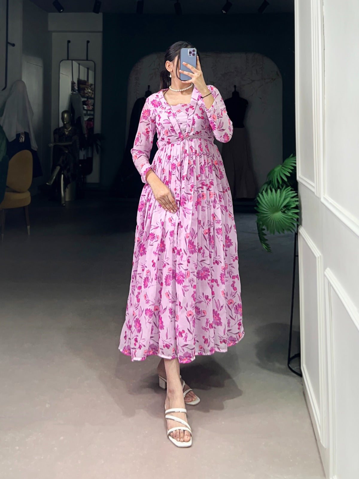 Elegant Pink Floral Anarkali Dress for Women