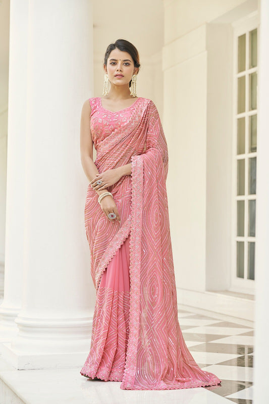 Elegant Pink Sequin Embroidered Saree for Party Wear