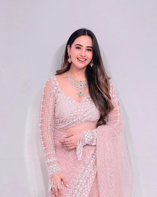 Elegant Pink Soft Net Saree with Sequin Embroidery Work