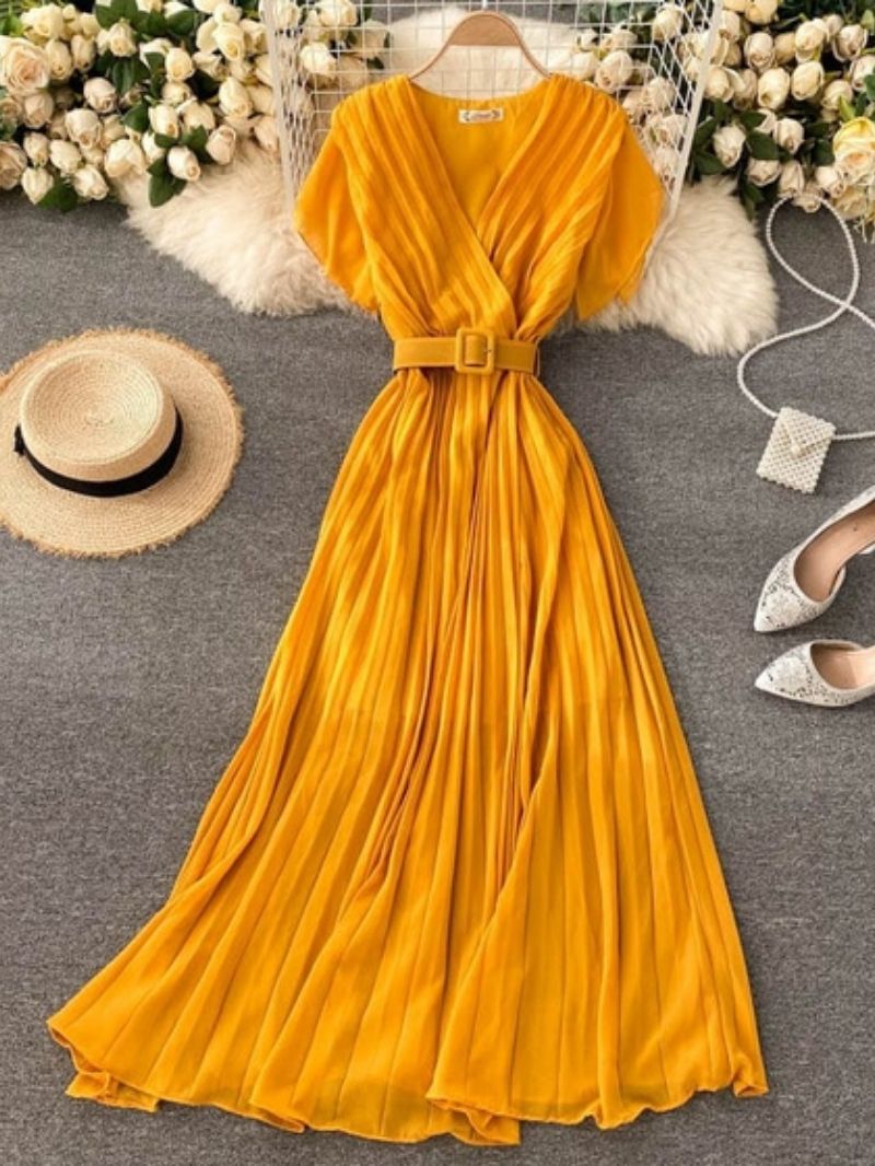 Elegant Pleated Maxi Dress with Belt for Women  Party Wear