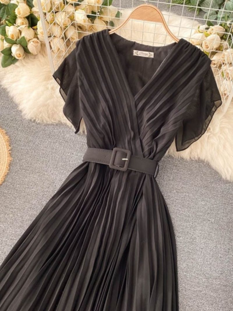 Elegant Pleated Maxi Dress with Belt for Women  Party Wear