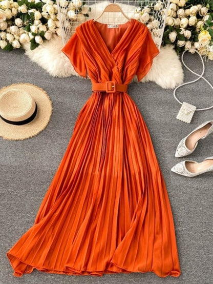 Elegant Pleated Maxi Dress with Belt for Women  Party Wear
