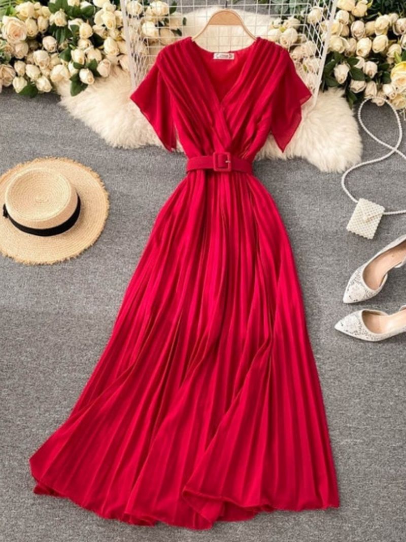 Elegant Pleated Maxi Dress with Belt for Women  Party Wear