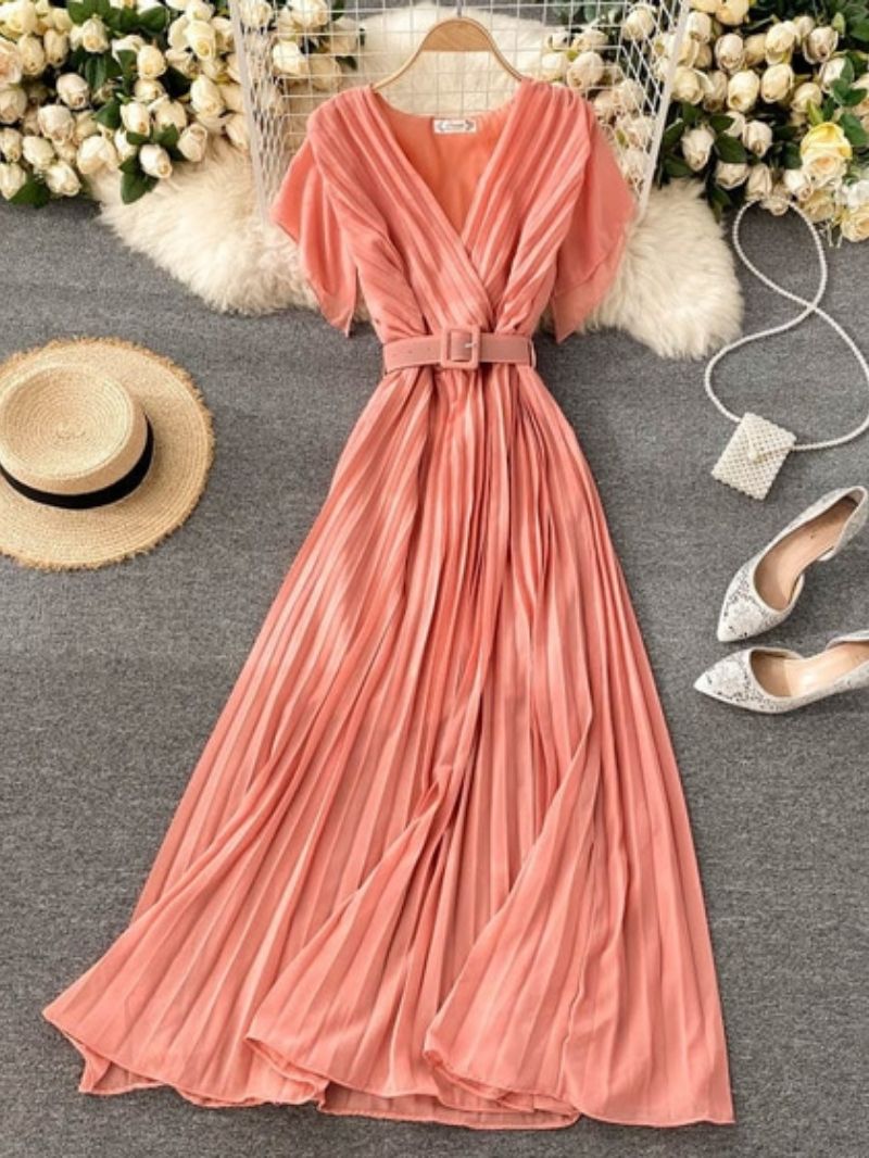 Elegant Pleated Maxi Dress with Belt for Women  Party Wear