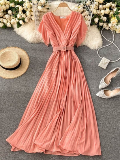 Elegant Pleated Maxi Dress with Belt for Women  Party Wear