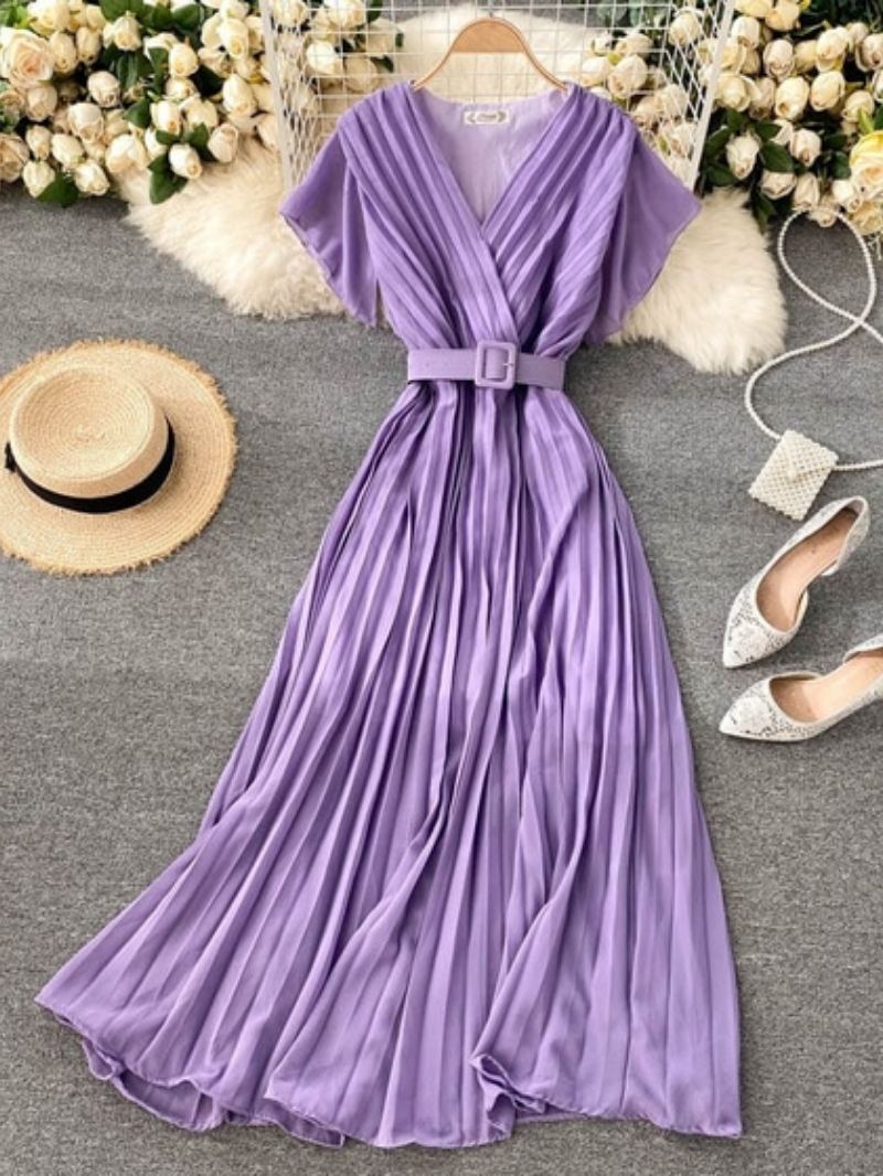 Elegant Pleated Maxi Dress with Belt for Women  Party Wear