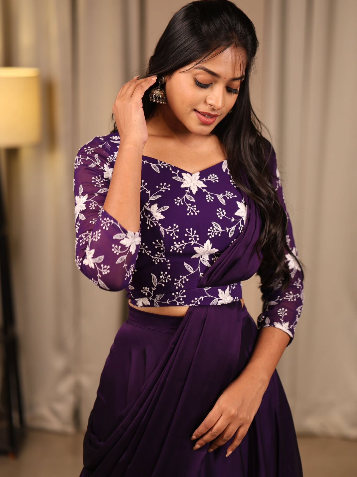 Elegant Purple Peplum Top with Flowy Skirt for Parties