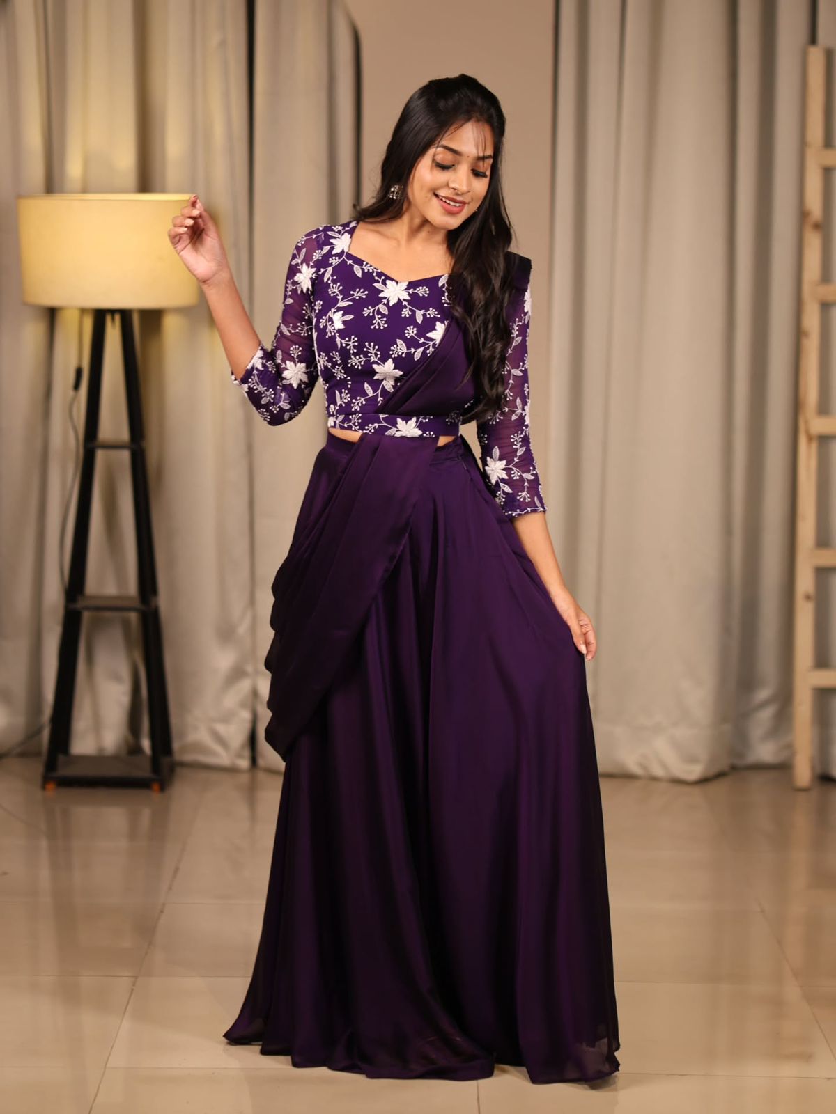 Elegant Purple Peplum Top with Flowy Skirt for Parties