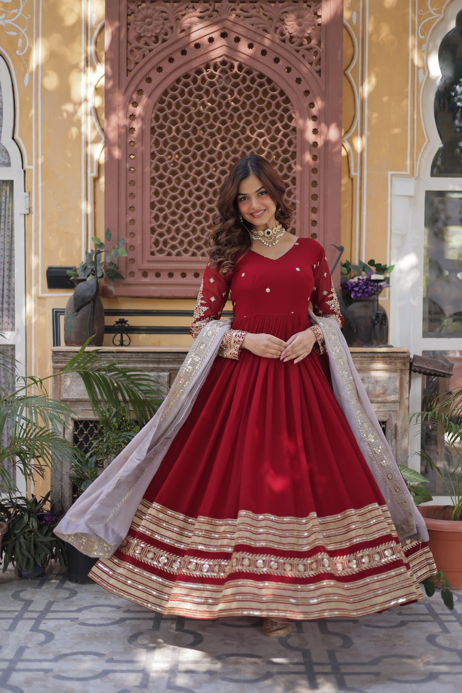 Elegant Red Anarkali Gown with Dupatta for Festive Wear House of she look Elegant Red Anarkali Gown with Dupatta for Festive Wear House of she look