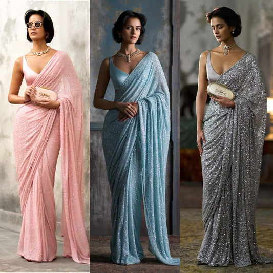 Elegant Shimmer Partywear Sarees in Pastel and Grey Tone