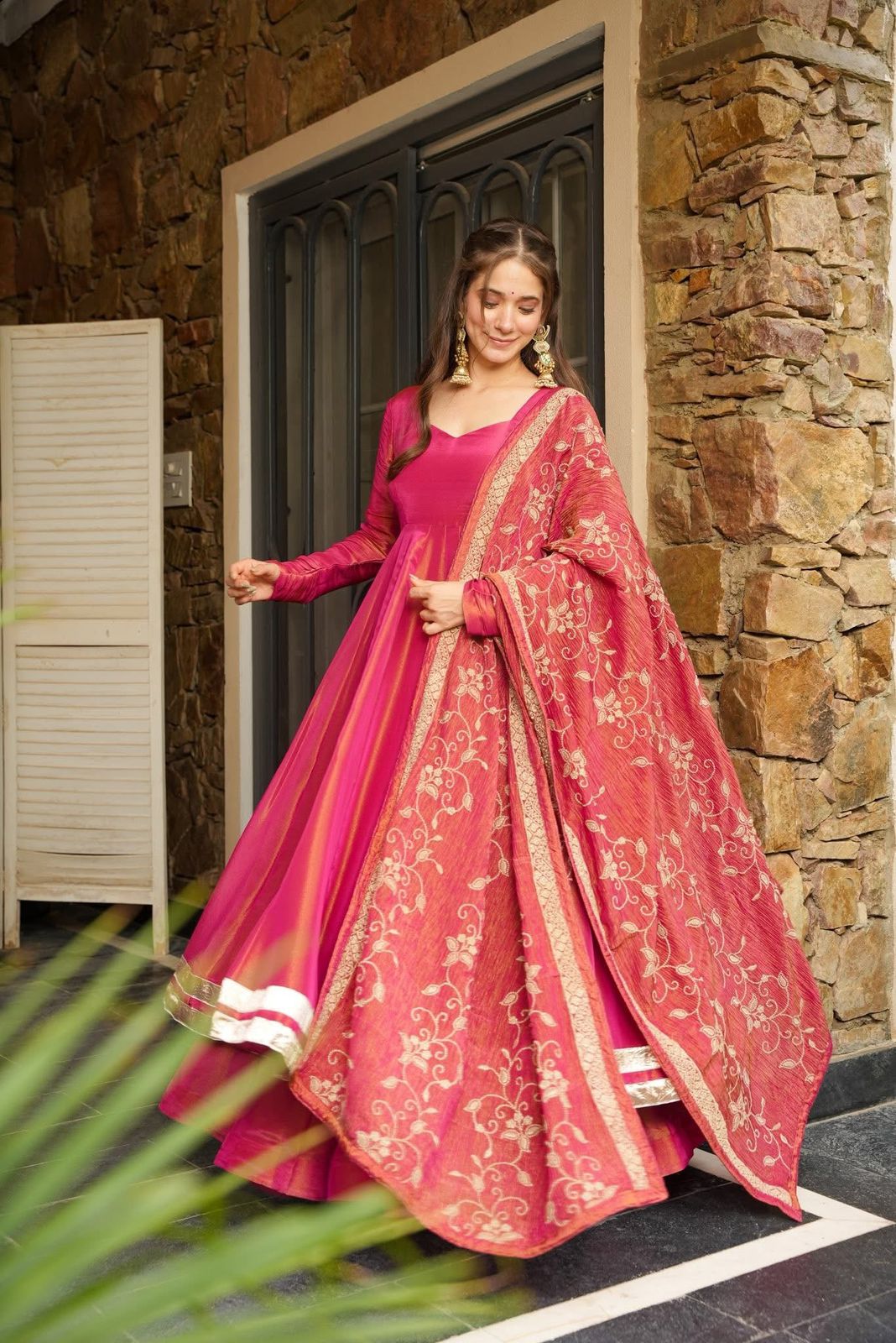 Elegant Silk Anarkali Gown with Embroidered Dupatta