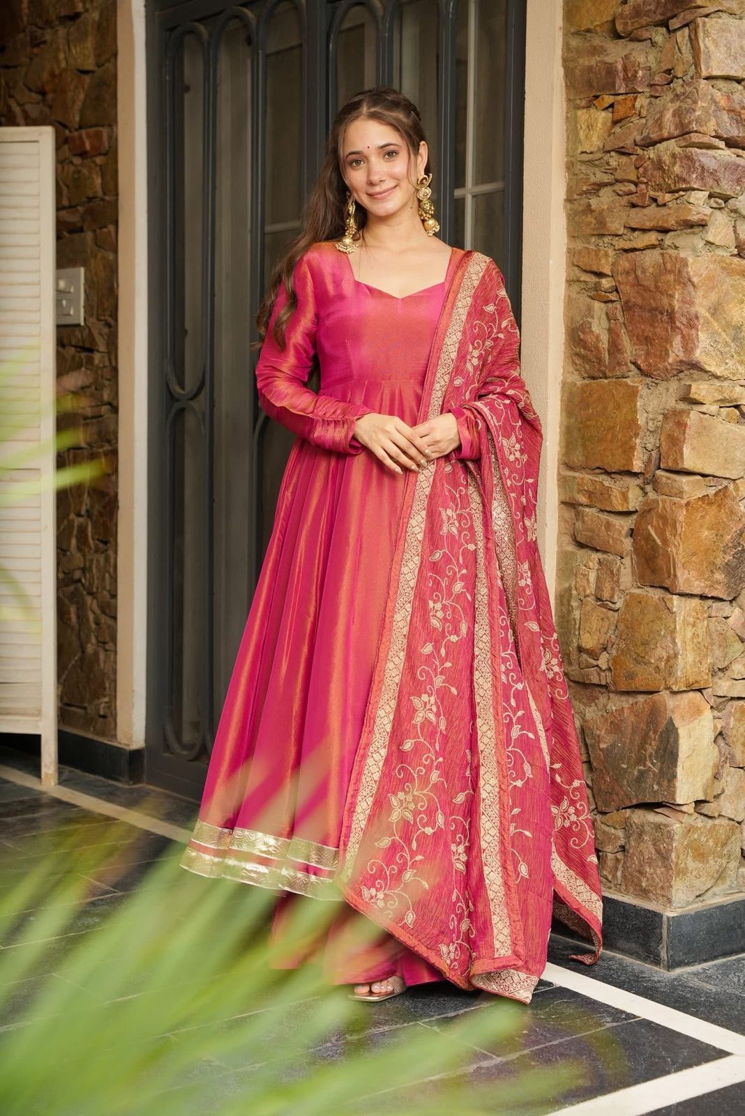 Elegant Silk Anarkali Gown with Embroidered Dupatta