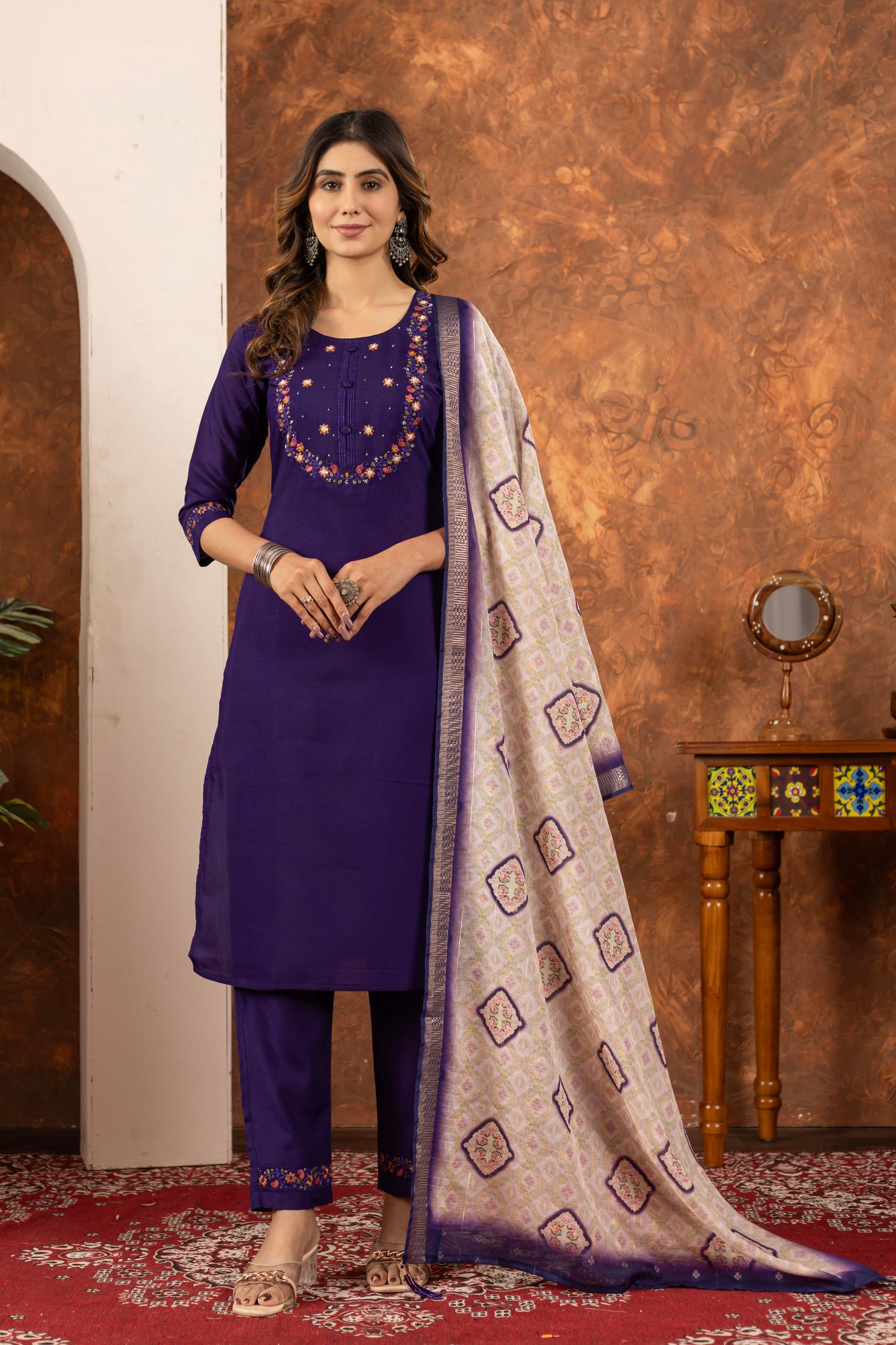 Elegant Straight Kurti Pant Dupatta Set for Office Wear