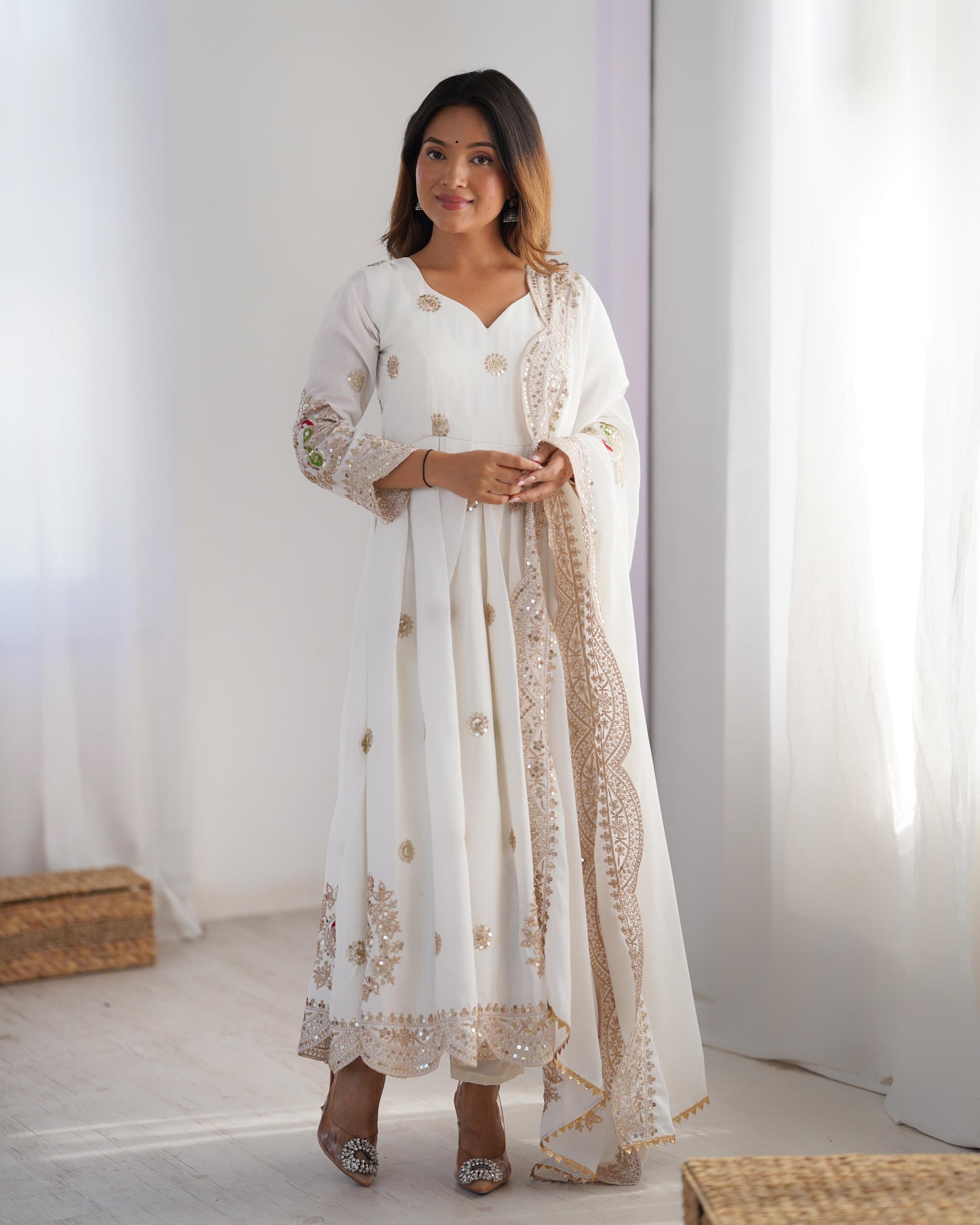 Elegant White Anarkali Suit with Golden Embroidery & Dupatta House of she look Elegant White Anarkali Suit with Golden Embroidery & Dupatta House of she look