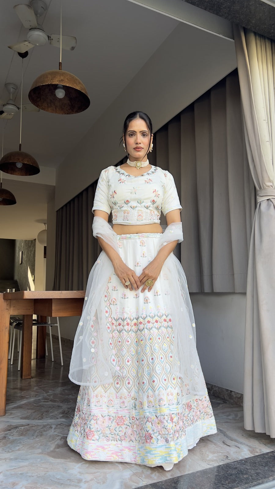 Elegant White Embroidered Lehenga Set for Day Weddings