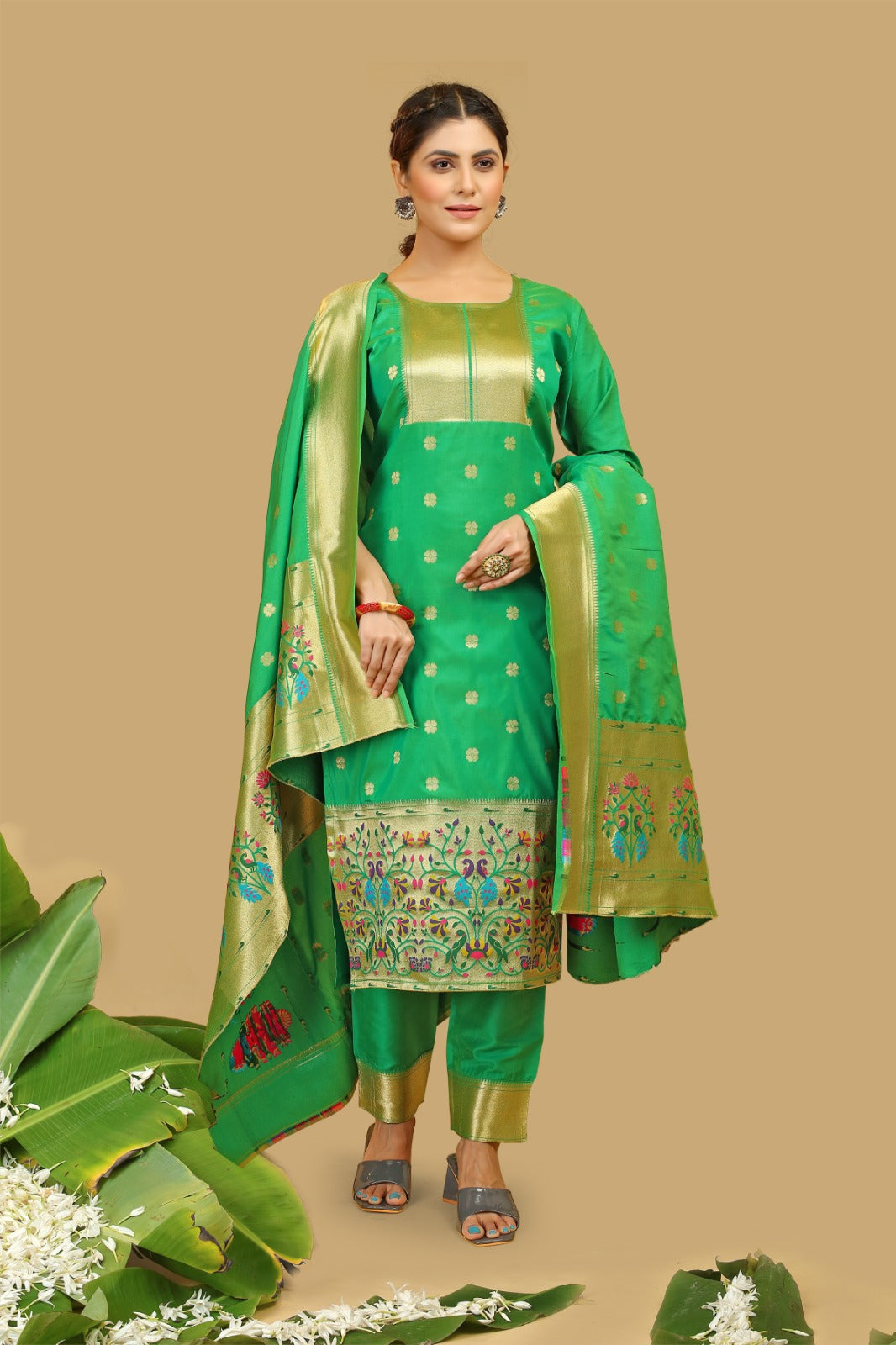 Elegant Banarasi Silk Suit with Embroidered Detailing