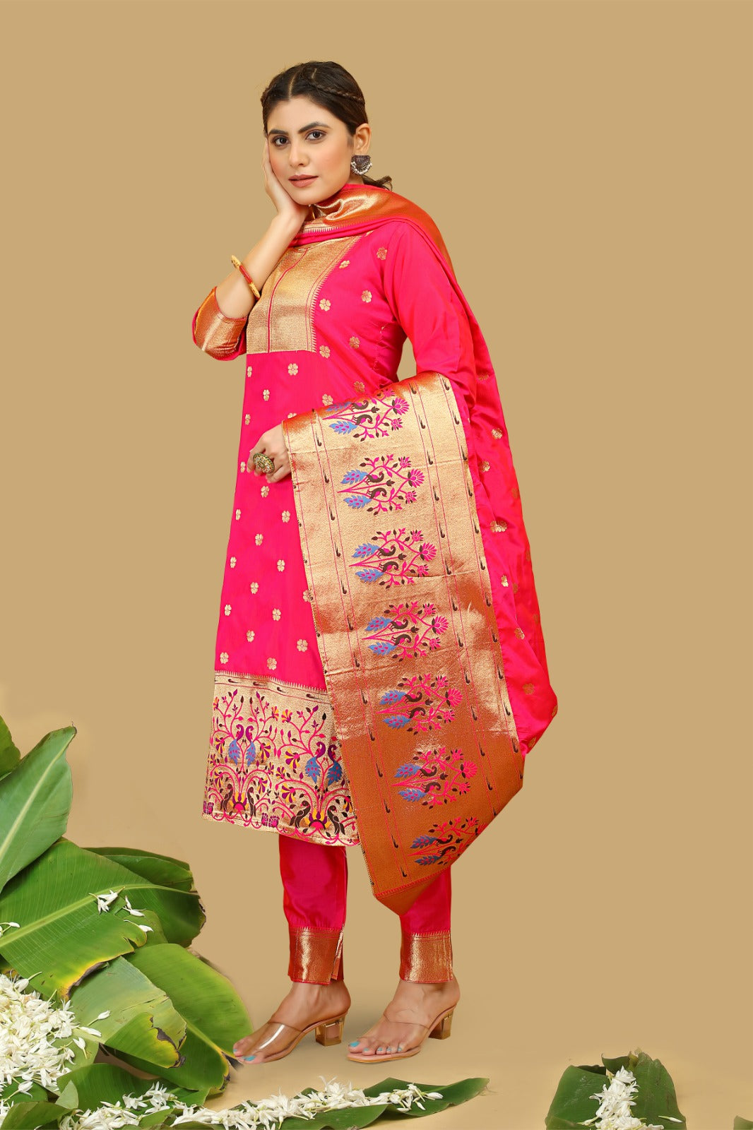 Elegant Banarasi Silk Suit with Embroidered Detailing