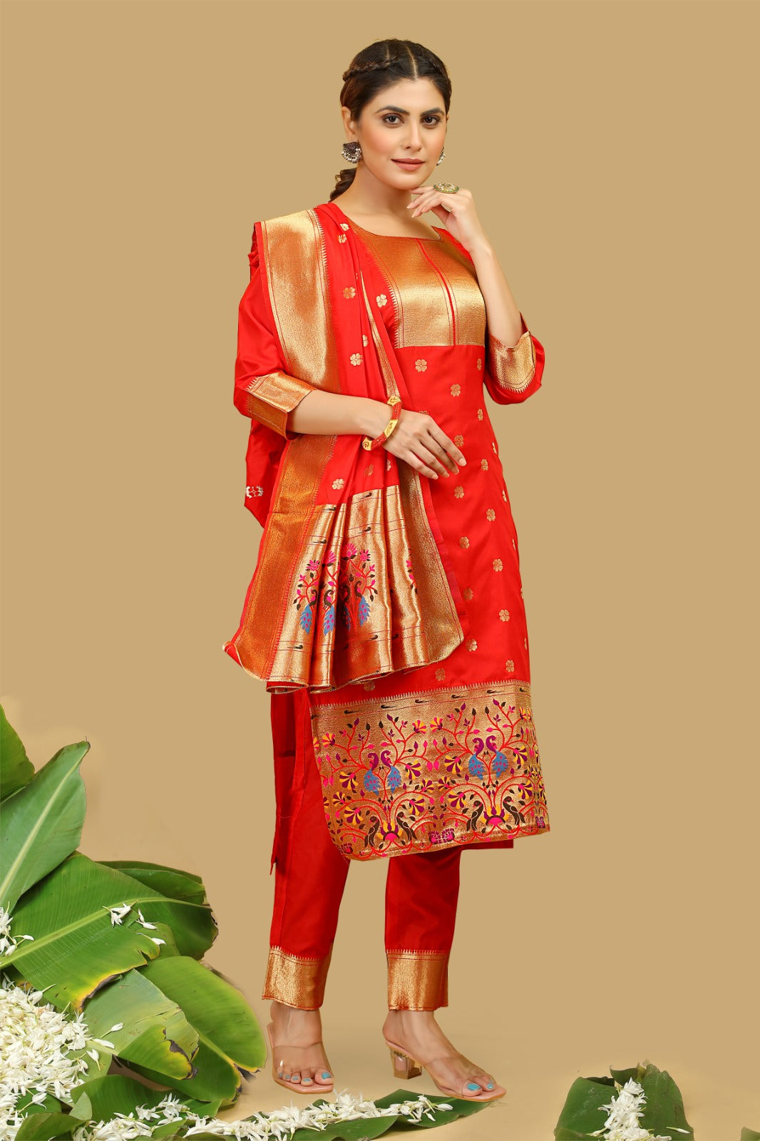 Elegant Banarasi Silk Suit with Embroidered Detailing