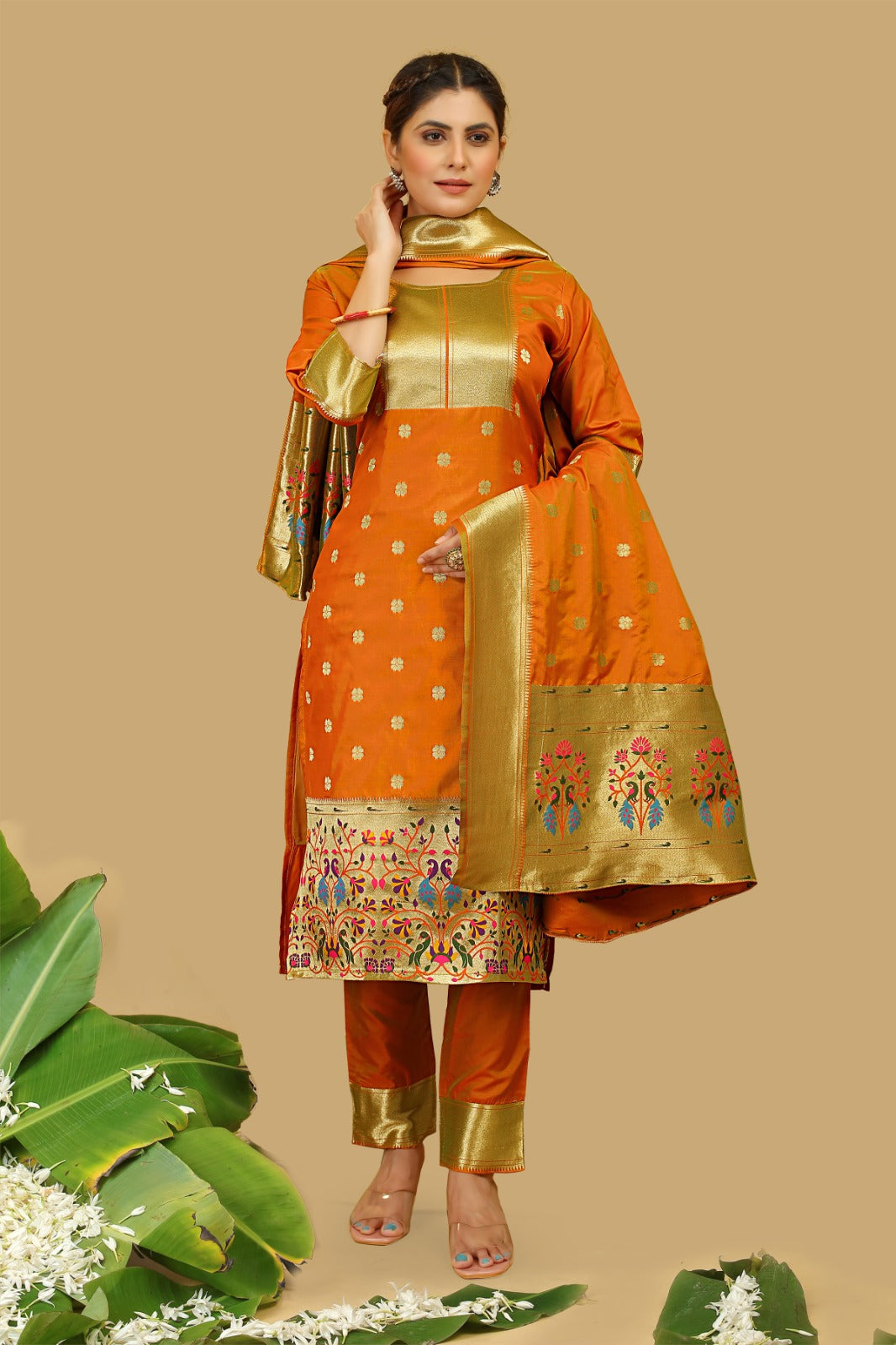 Elegant Banarasi Silk Suit with Embroidered Detailing