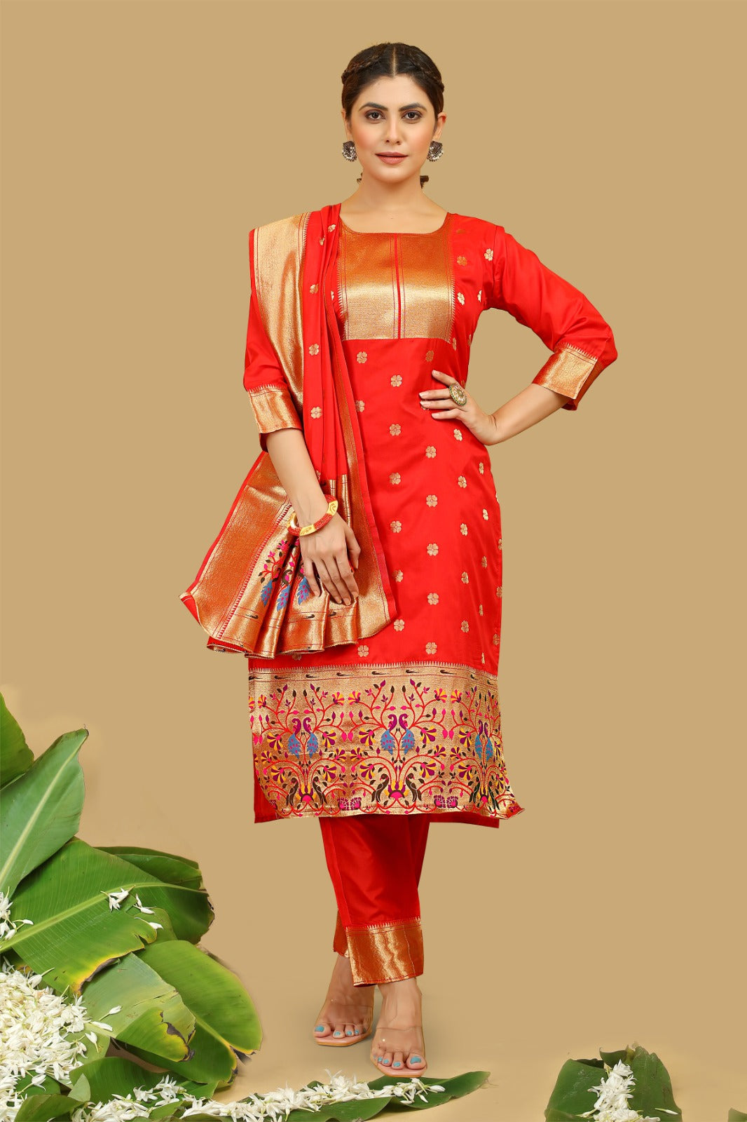 Elegant Banarasi Silk Suit with Embroidered Detailing