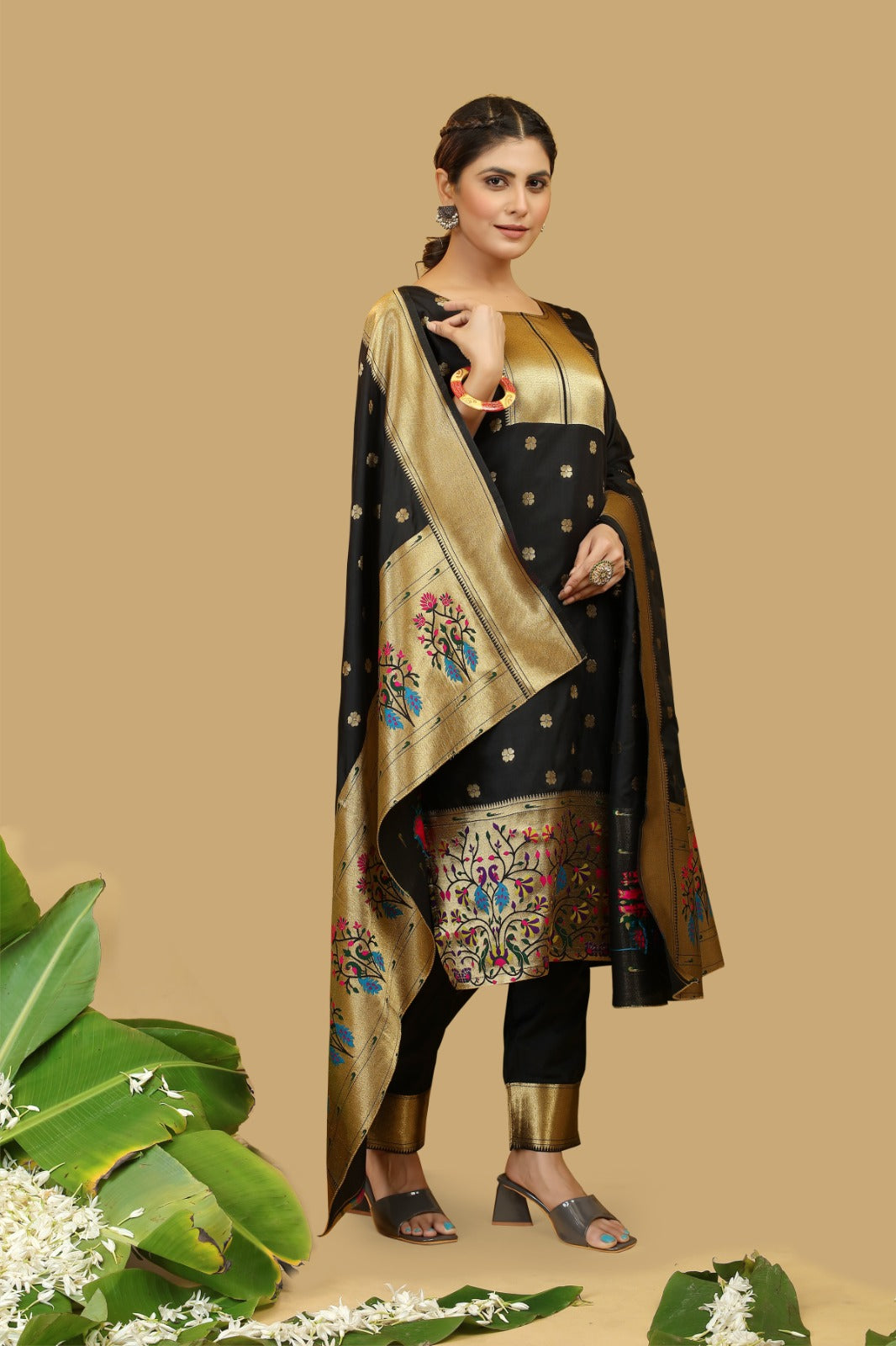 Elegant Banarasi Silk Suit with Embroidered Detailing