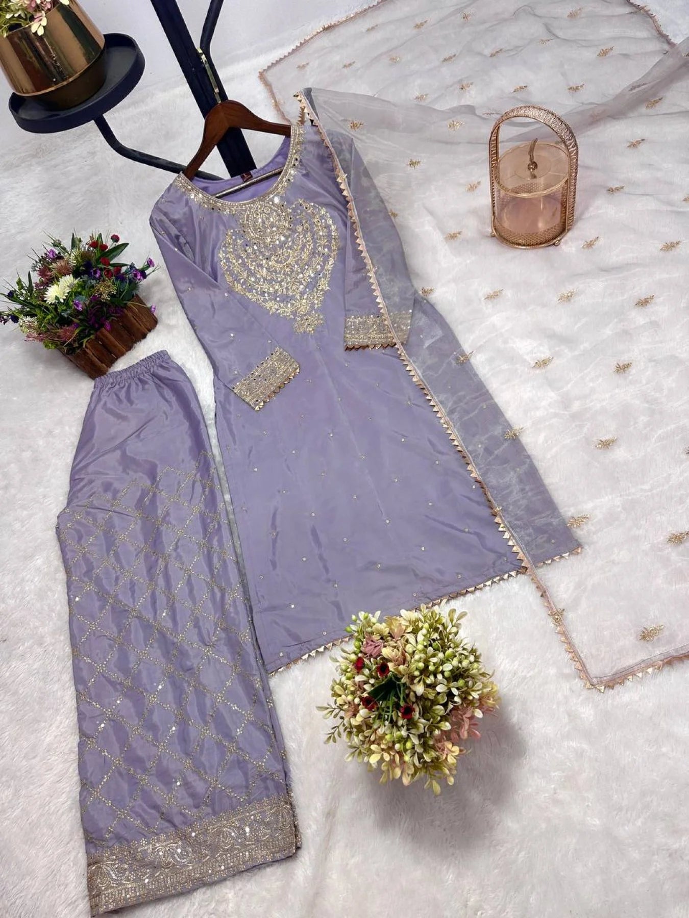 Elegant Crepe Silk Kurti Plazzo Set with Organza Dupatta