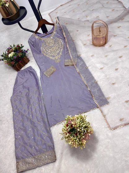 Elegant Crepe Silk Kurti Plazzo Set with Organza Dupatta