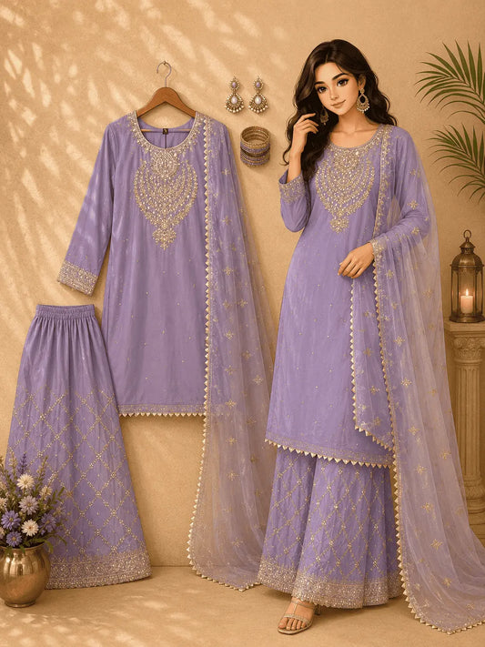 Elegant Crepe Silk Kurti Plazzo Set with Organza Dupatta