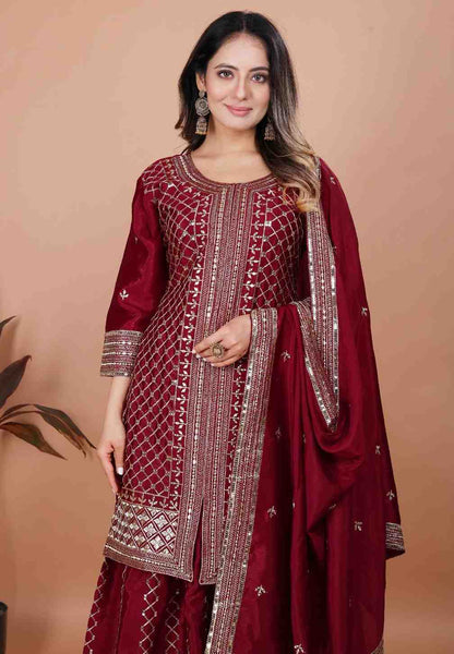 Elegant Embroidered Chinon Sharara Set with Dupatta